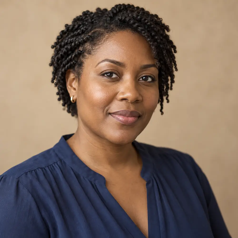 Illustrated fictional editor Imani Vale at a quiet desk