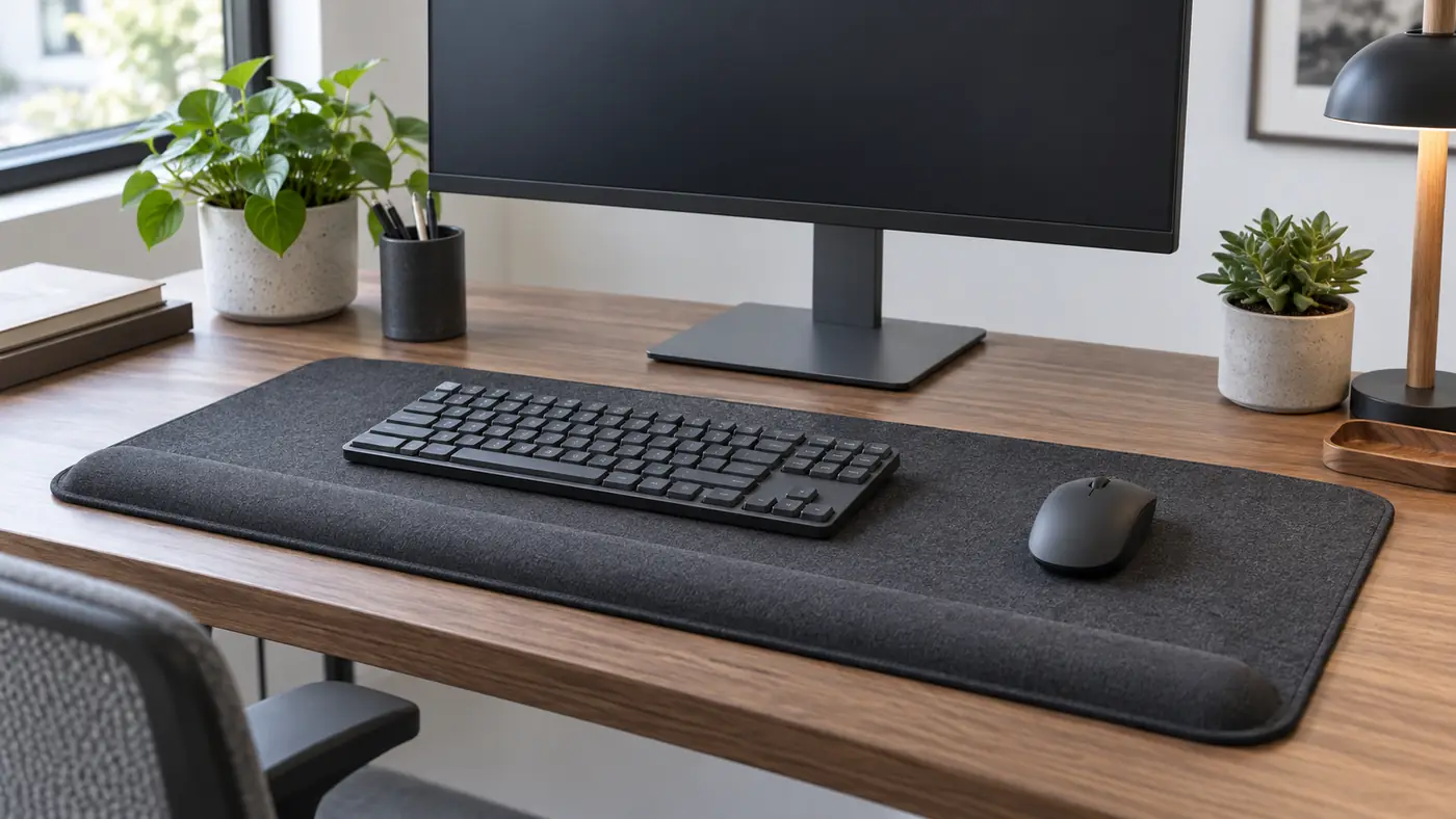Extended charcoal desk mat with a neutral mouse, compact keyboard and contoured gel wrist support on an ash desk