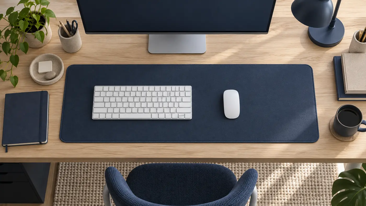 Overhead view of an extended slate desk mat with keyboard, mouse, gel wrist support and a ruler used to check workspace clearance