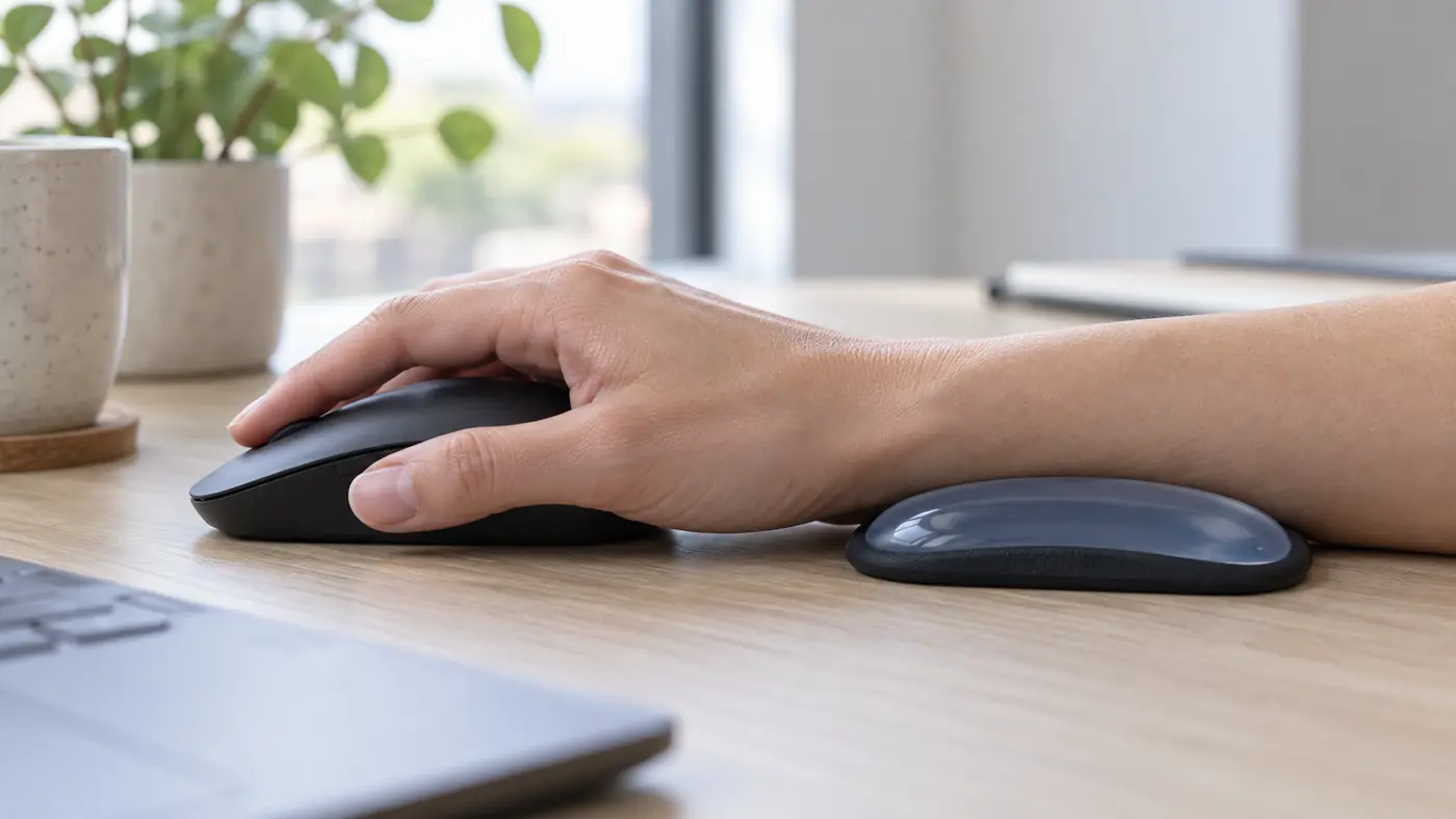 Side view of a neutral mouse beside a low contoured gel wrist support on a dark desk mat